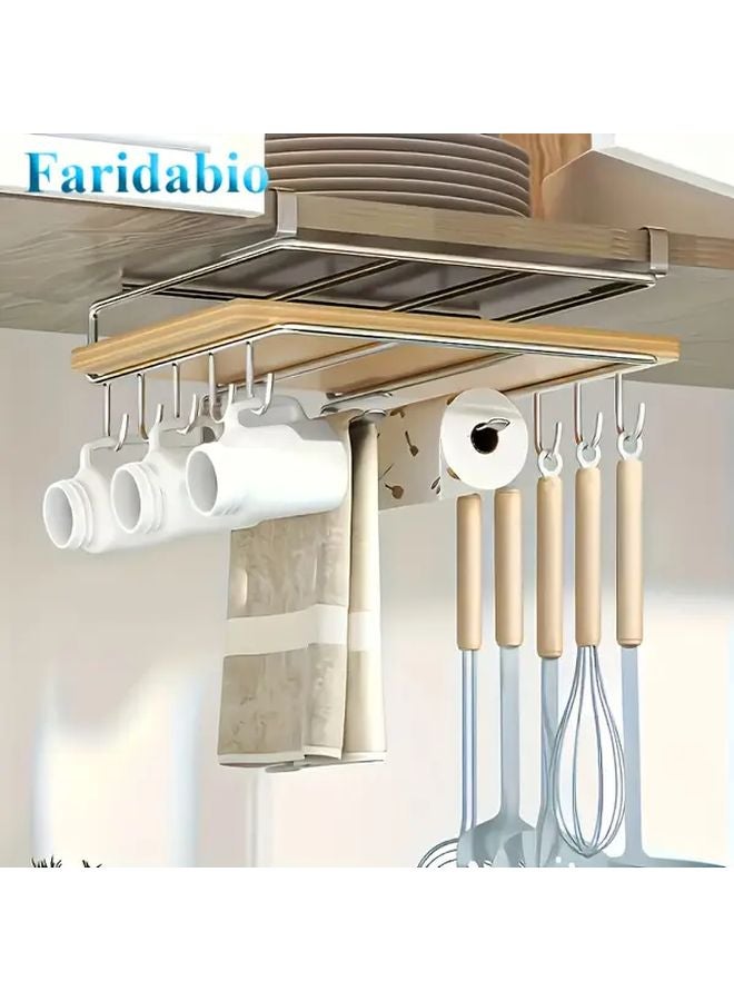 Silvery Stainless Steel Hanging Kitchen Storage Rack With Mug Hooks Paper Towel Holder - Image 2