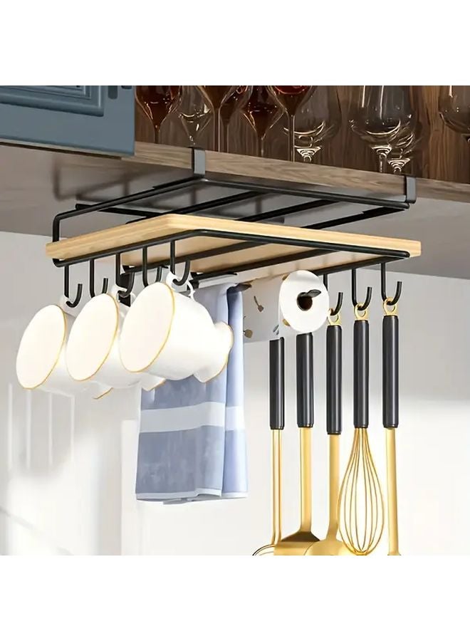 Silvery Stainless Steel Hanging Kitchen Storage Rack With Mug Hooks Paper Towel Holder - Image 3