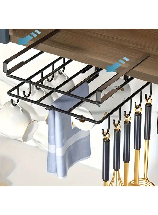 Silvery Stainless Steel Hanging Kitchen Storage Rack With Mug Hooks Paper Towel Holder - Image 4