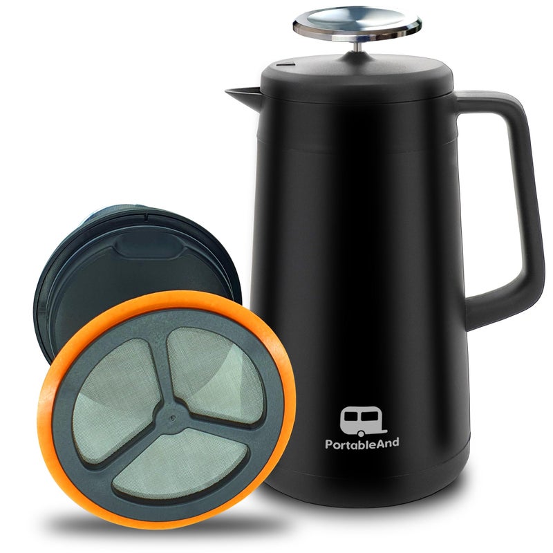 PortableAnd 34oz Double Vacuum Insulation Large Silicone French Press Coffee Maker with Silicone Ring Stainless Steel Perfect for Camping Travel and AtHome Use Matte Black