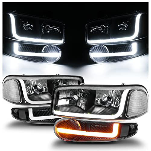 M-AUTO Switchback LED Tube DRL Black Headlights Assembly Compatible with GMC Sierra C3 / Sierra 1500 Denali / 07 Sierra Denali Classic / 01-06 Yukon Denali, Yukon Xl 1500 Denali (A06-M-HL-BAR-018-BC) - Image 1