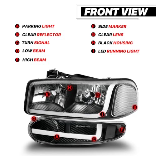 M-AUTO Switchback LED Tube DRL Black Headlights Assembly Compatible with GMC Sierra C3 / Sierra 1500 Denali / 07 Sierra Denali Classic / 01-06 Yukon Denali, Yukon Xl 1500 Denali (A06-M-HL-BAR-018-BC) - Image 3