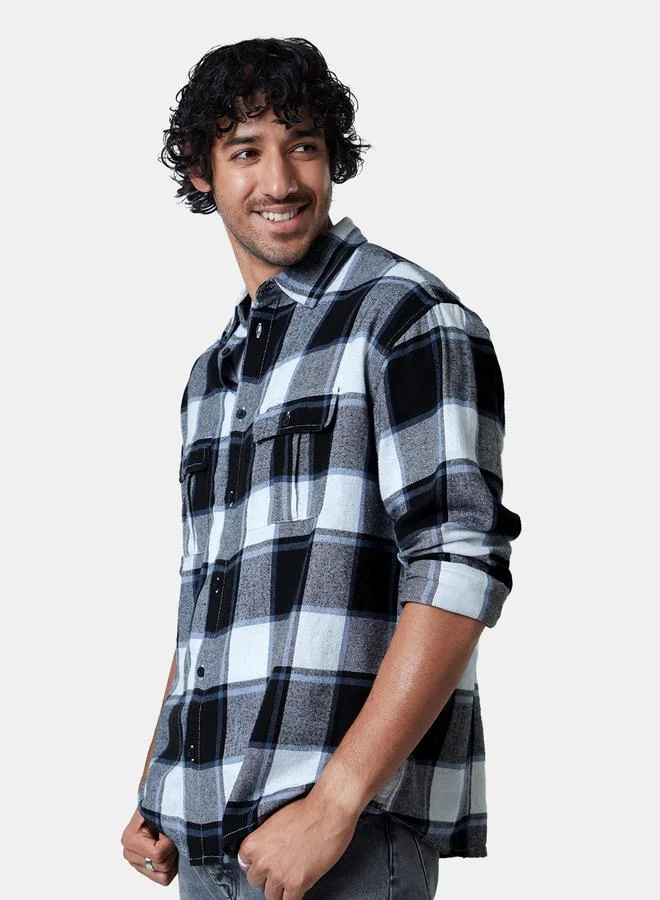 The Souled Store Men Blue Checked Flannel Utility Shirt