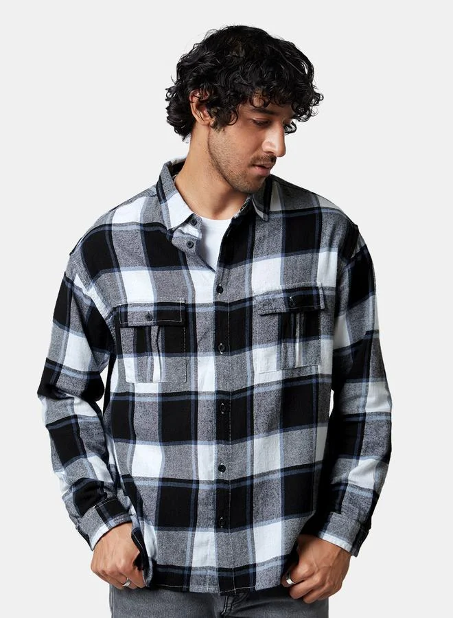 The Souled Store Men Blue Checked Flannel Utility Shirt