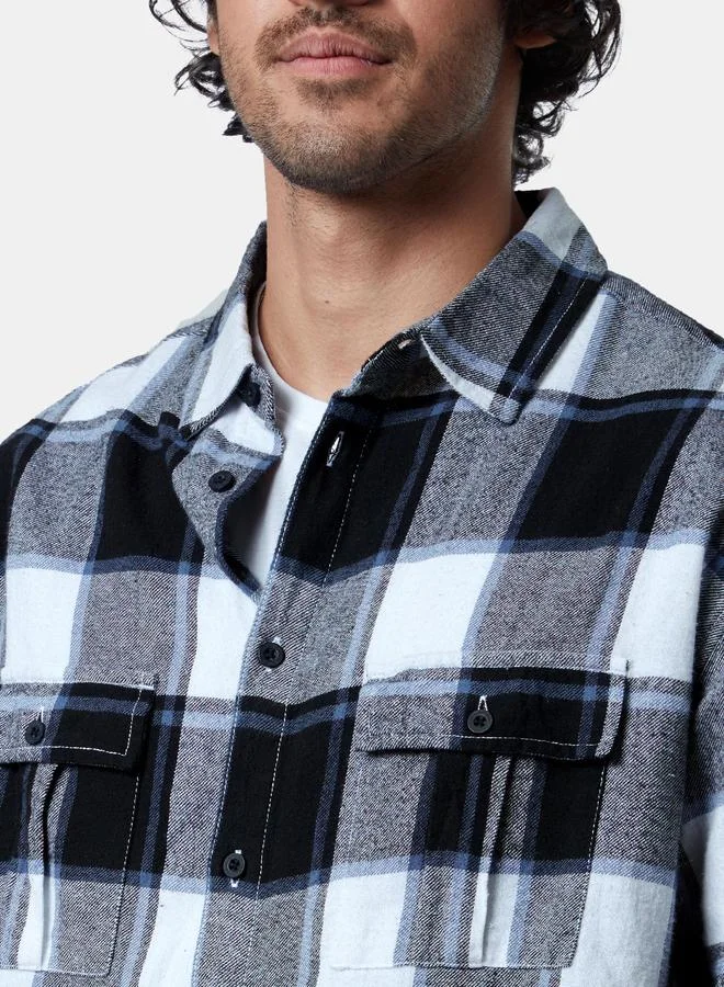 The Souled Store Men Blue Checked Flannel Utility Shirt