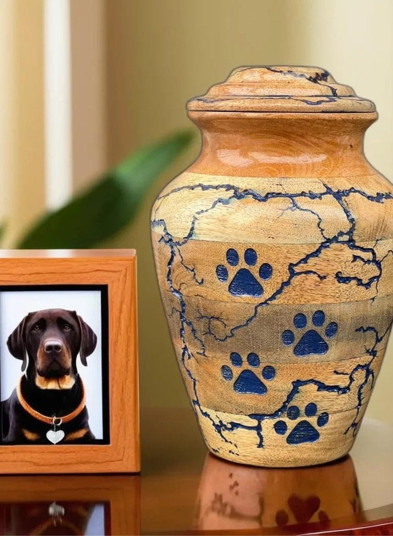 GGOOT Wooden Urn for Dog - Mango Wood, Paw Print Pattern, Natural Finish, Threaded Lid, 40 cm Diameter, 130 Lbs Capacity, Pet Memorial Product - Image 1