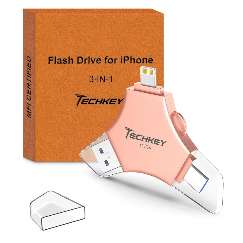 TECHKEY MFi Certified USB 3.0 Flash Drive 128GB for iPhone 3in1 External Memory Photo Keeper Storage Stick for Picture/Video/Data Saver/Backup High Speed Thumb/Jump/Hard Drives for iPad/Android/PC (Rose Pink) - Image 1