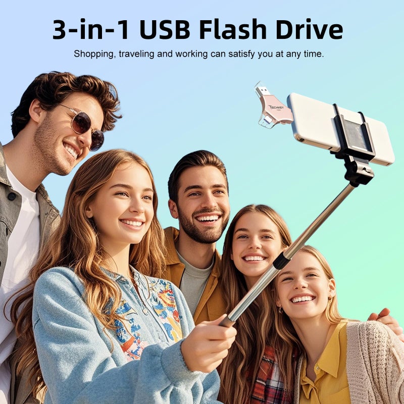 TECHKEY MFi Certified USB 3.0 Flash Drive 128GB for iPhone 3in1 External Memory Photo Keeper Storage Stick for Picture/Video/Data Saver/Backup High Speed Thumb/Jump/Hard Drives for iPad/Android/PC (Rose Pink) - Image 5