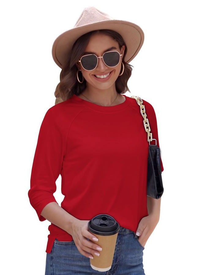 rosemia Basic Casual Fall Blouses 3/4 Sleeve Tops for Women Crew Neck Fit T Shirts, Red, L - Image 2