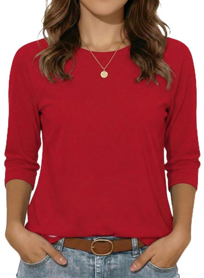 rosemia Basic Casual Fall Blouses 3/4 Sleeve Tops for Women Crew Neck Fit T Shirts, Red, L - Image 1