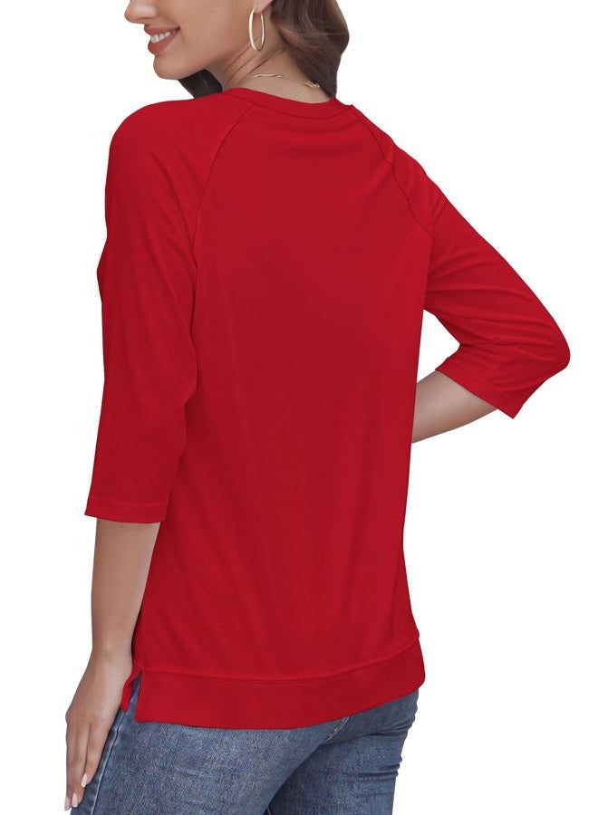 rosemia Basic Casual Fall Blouses 3/4 Sleeve Tops for Women Crew Neck Fit T Shirts, Red, L - Image 3