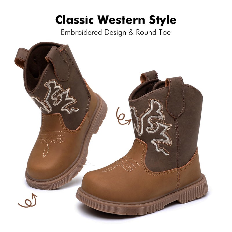 Ahannie Toddler Cowboy Boots for Boys & Girls â€“ Baby Round Toe Western Boots with Hook & Loop Ages 9 Monthsâ€“4 Years (Deep Brown/Brown-8) - Image 2