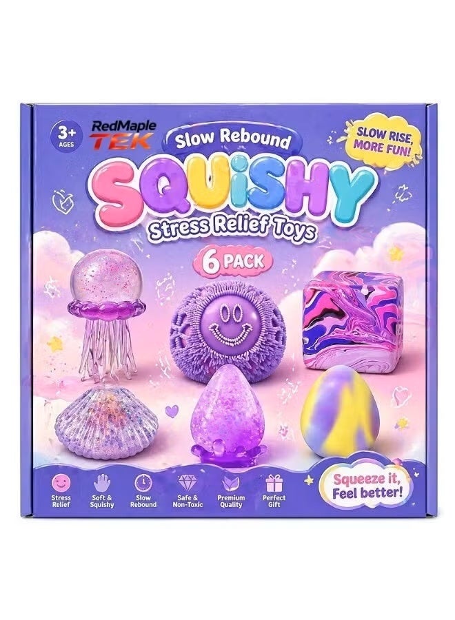 Redmaple Purple 6-Pack Soft Stress Relief Toys for Kids and Adults Slow Rebound Sensory Fidget Toys Set, Cute Squeeze Toys - Image 1