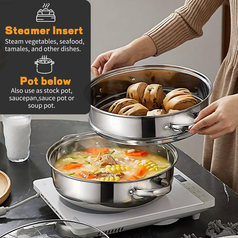 LTWQLing Steamer Pot Stainless Steel 2 Tier - 28cm Steamer Pot w/Glass Lid Food Veg Cooker Pot Cooking Pan Steaming Pot Dim Sum Cookware Steamer For Kitcken Cooking Tool - Image 2