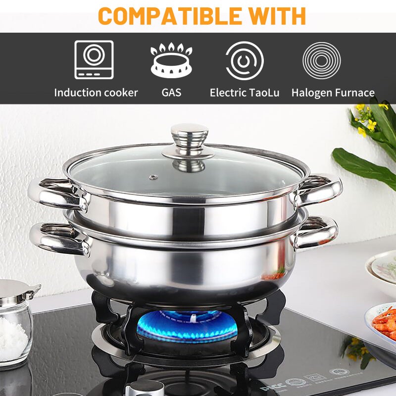 LTWQLing Steamer Pot Stainless Steel 2 Tier - 28cm Steamer Pot w/Glass Lid Food Veg Cooker Pot Cooking Pan Steaming Pot Dim Sum Cookware Steamer For Kitcken Cooking Tool - Image 3