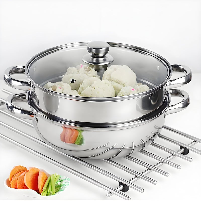 LTWQLing Steamer Pot Stainless Steel 2 Tier - 28cm Steamer Pot w/Glass Lid Food Veg Cooker Pot Cooking Pan Steaming Pot Dim Sum Cookware Steamer For Kitcken Cooking Tool - Image 1