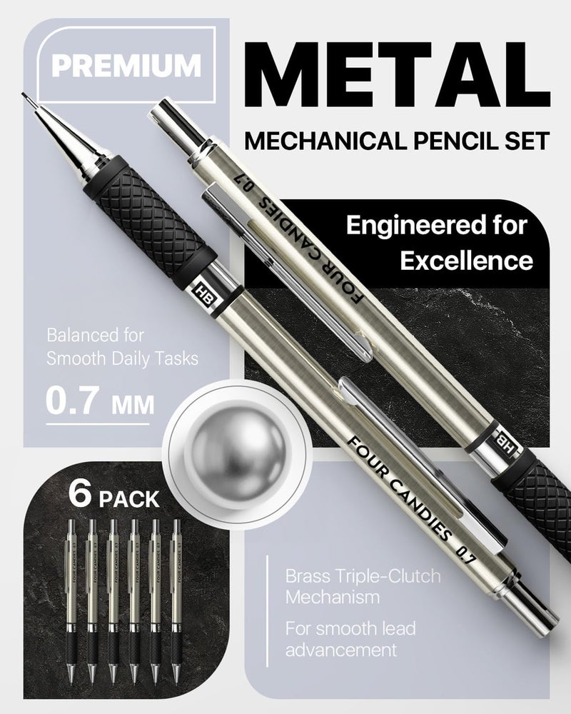 Four Candies 6PCS Metal Mechanical Pencil Set with 0.7mm Medium Point, 360 Leads, 12 Erasers, Art Mechanical Pencils Pack with Storage Case for School Writing, Sketching, Drawing & Professional Drafting - Image 2