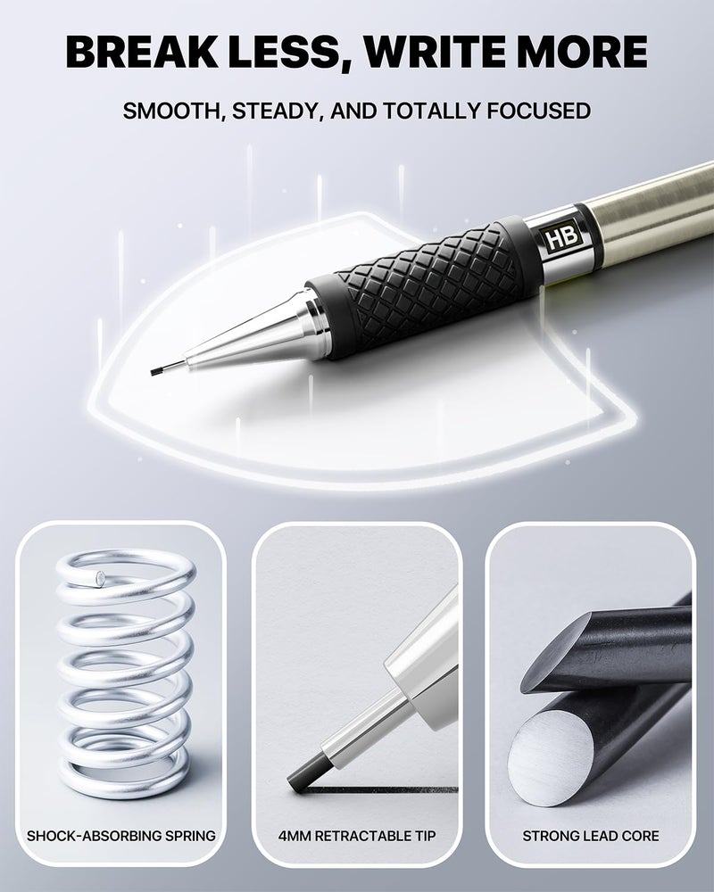 Four Candies 6PCS Metal Mechanical Pencil Set with 0.7mm Medium Point, 360 Leads, 12 Erasers, Art Mechanical Pencils Pack with Storage Case for School Writing, Sketching, Drawing & Professional Drafting - Image 3