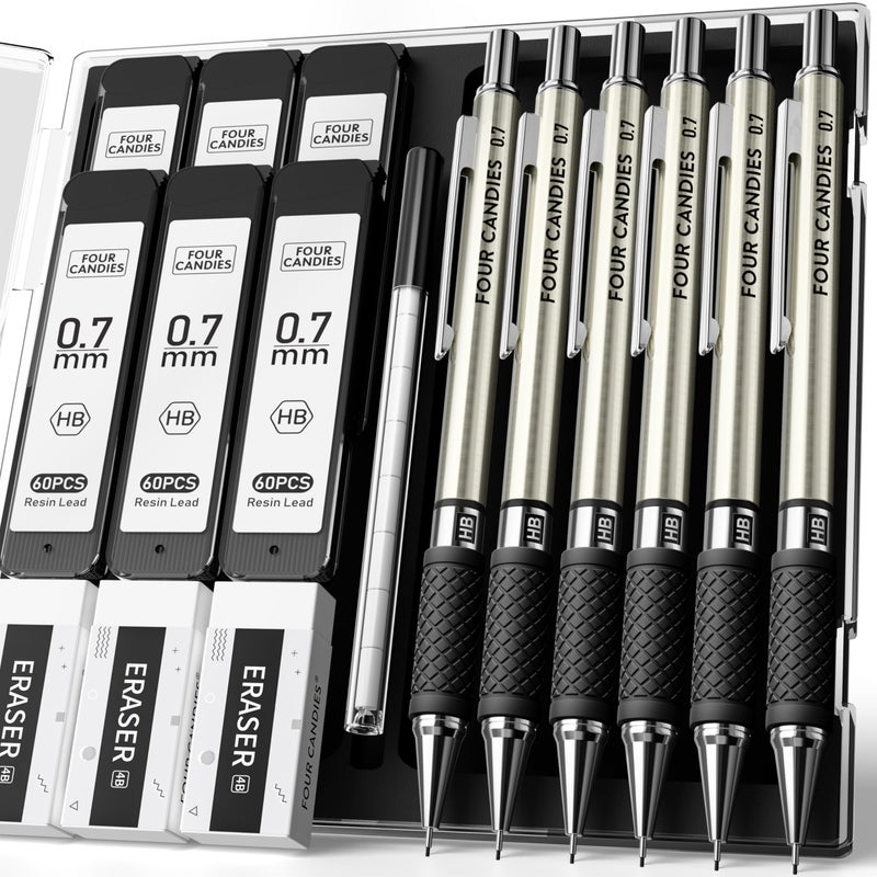 Four Candies 6PCS Metal Mechanical Pencil Set with 0.7mm Medium Point, 360 Leads, 12 Erasers, Art Mechanical Pencils Pack with Storage Case for School Writing, Sketching, Drawing & Professional Drafting - Image 1