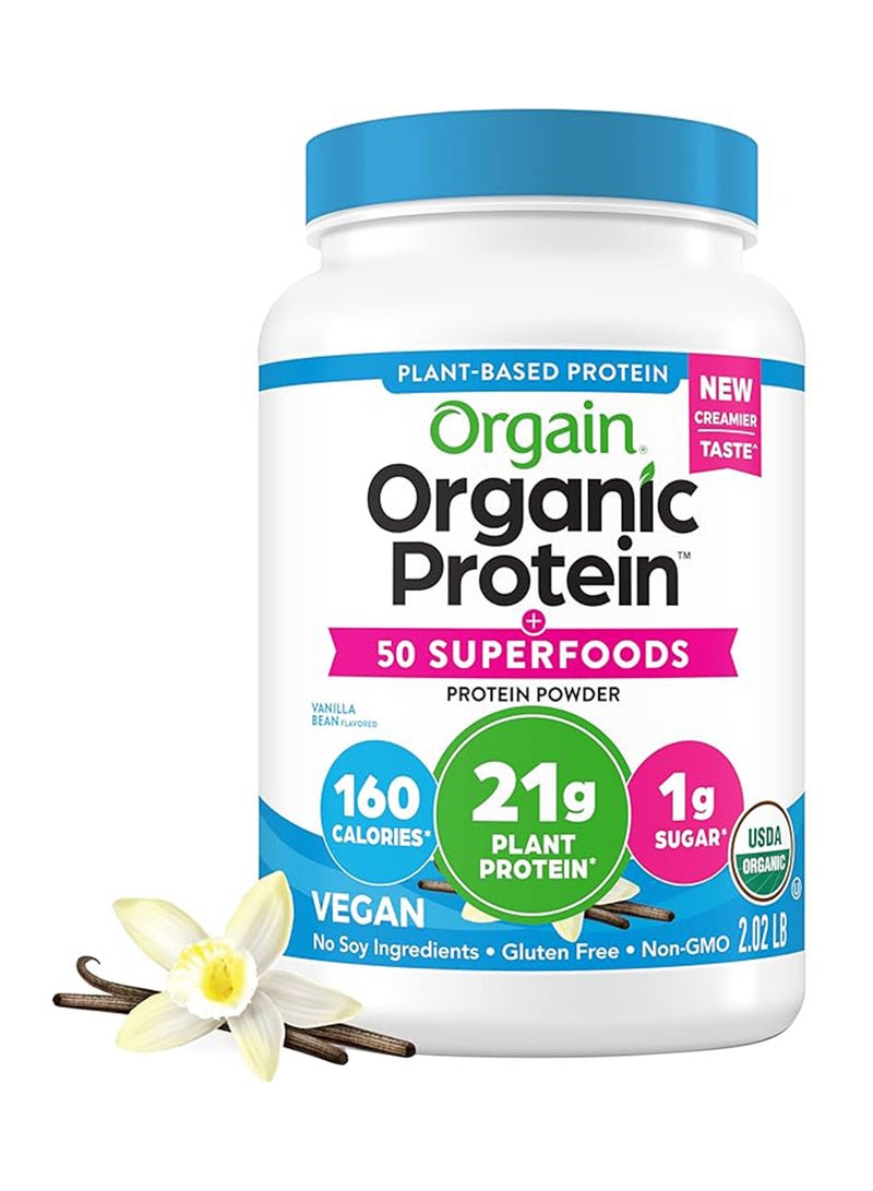 أورجين بروتين نباتي عضوي بالإضافة إلى 50 مسحوق سوبرفوودس، حبوب الفانيليا - 21 جرام بروتين نباتي، 8 جرام ألياف البريبايوتك، بدون مكونات اللاكتوز، خالي من الغلوتين، 2.02 رطل