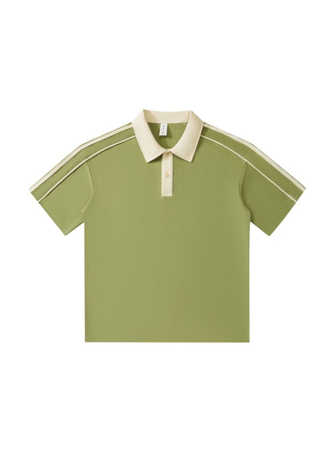 Slim Fit Cotton Loose Shoulder Polo Shirt Striped Color Block Short Sleeve Turn Collar Work Uniform School Unifo - Image 1