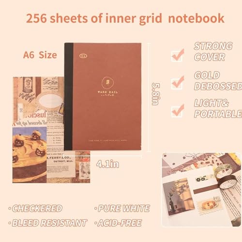 MGNLR Paper Vintage Aesthetic Scrapbook Kit(346Pcs) Scrapbooking Supplies Kit with Bullet Junk Journal,Stationery,A6 Grid Notebook Journaling Gift for Girl (Brown Vintage Scrapbook) - Image 4