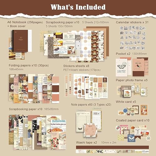 MGNLR Paper Vintage Aesthetic Scrapbook Kit(346Pcs) Scrapbooking Supplies Kit with Bullet Junk Journal,Stationery,A6 Grid Notebook Journaling Gift for Girl (Brown Vintage Scrapbook) - Image 2