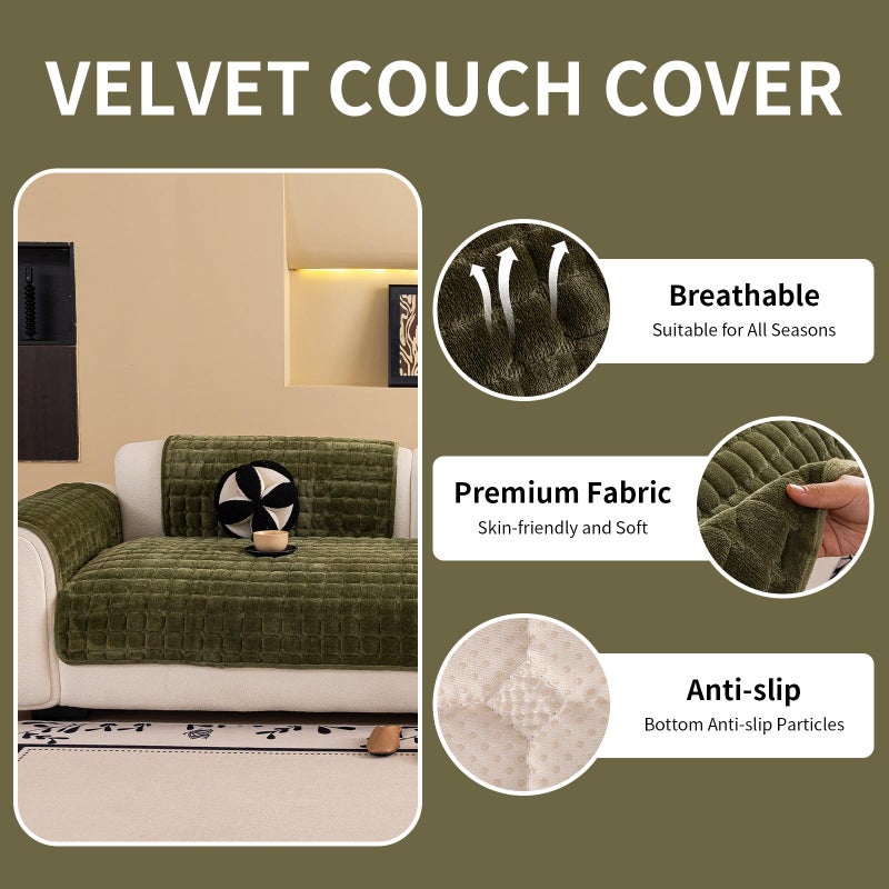 MDSASFD Velvet Couch Cover, Washable Sectional Sofa Cover, Anti Slip Sofa Slipcover for 3 Cushion Couch Sofa L Shaped Armrest Backrest, Furniture Protector Covers for Pets Kids(1PC,Green,36"Ã—47") - Image 2