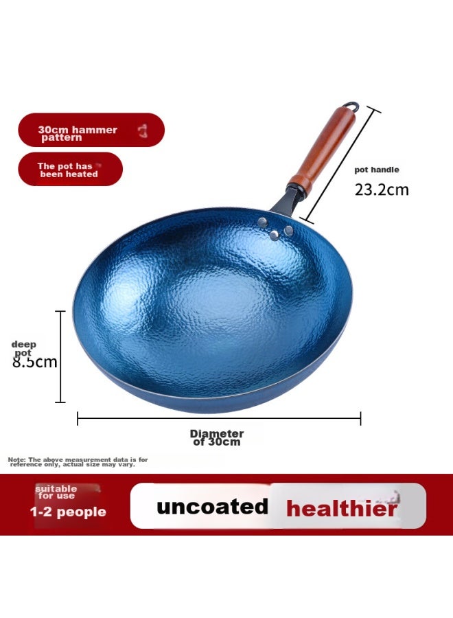 Gold Deposit Jincun Zhangqiu Wok Iron Wok Stir Fry Pan Round Bottom Household Uncoated Traditional Hammered Pattern Wooden Handle 30cm Pre-seasoned - Image 1