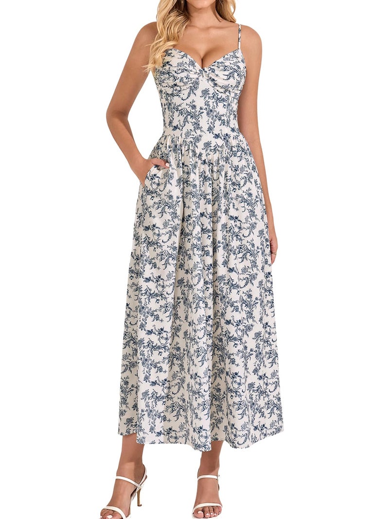 EYNMIN Women's Floral Midi Corset Dresses Flowy Spaghetti Strap Smocked 2026 Summer Spring Wedding Guest Dress with Pocket Bluefloral - Image 1