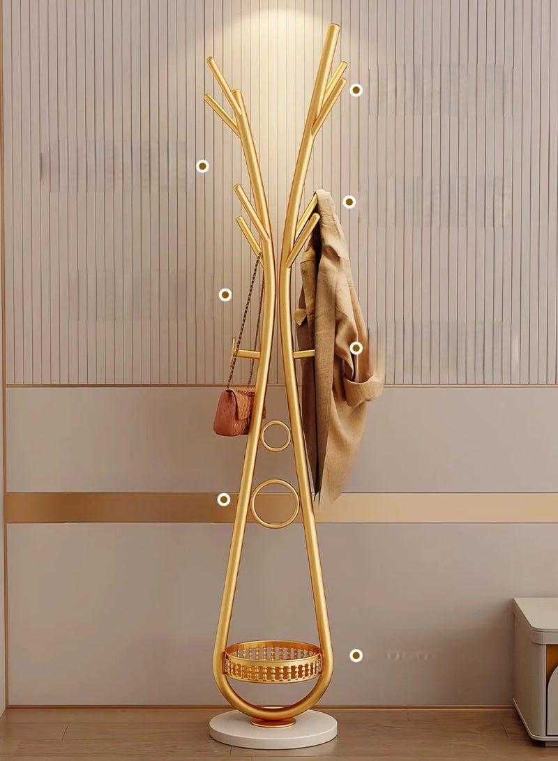 شي ون علاقة ملابس مودرن بتصميم نحتي فاخر من SHEE ONE | حامل معاطف معدني مقاوم للصدأ مع خطافات متعددة | قاعدة دائرية ثابتة وتخزين سفلي ذكي | مناسب للمداخل والغرف الصغيرة | متوفر بعدة ألوان أنيقة | 172×30×30 سم | لون ذهبي - Image 2