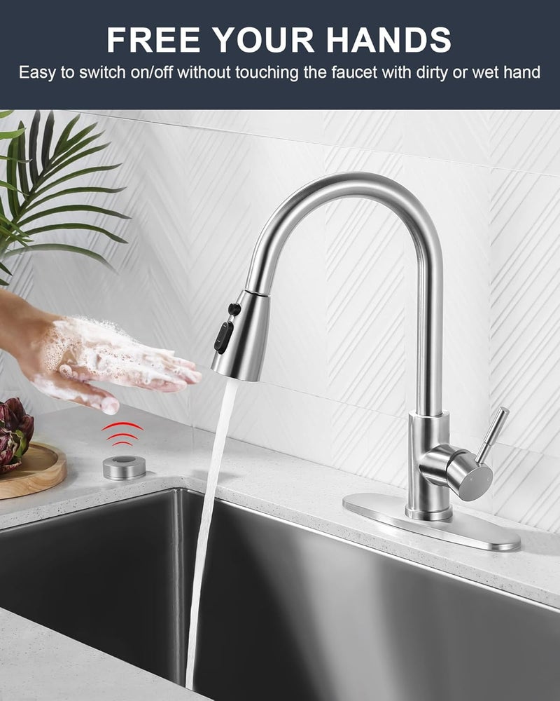 WOWOW Touchless Kitchen Faucet Stainless Steel: Mobile Motion Sensor Kitchen Sink Faucet with Sprayer, Automatic Smart Kitchen Faucet for Sink 1 or 3 Hole, Brushed Nickel - Image 2