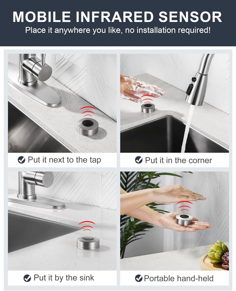 WOWOW Touchless Kitchen Faucet Stainless Steel: Mobile Motion Sensor Kitchen Sink Faucet with Sprayer, Automatic Smart Kitchen Faucet for Sink 1 or 3 Hole, Brushed Nickel - Image 3