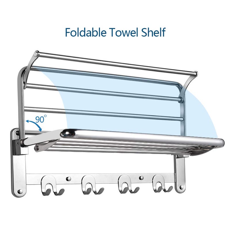 HOONEX Foldable Towel Rack for Bathroom Wall Mounted, 24 Inch Towel Shelf with Towel Hooks and Adjustable Towel Bar, 304 Stainless Towel Holder, Polished Silver - Image 3