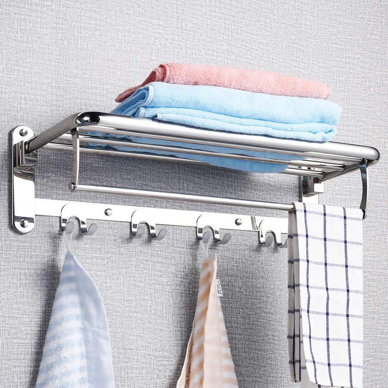HOONEX Foldable Towel Rack for Bathroom Wall Mounted, 24 Inch Towel Shelf with Towel Hooks and Adjustable Towel Bar, 304 Stainless Towel Holder, Polished Silver - Image 5