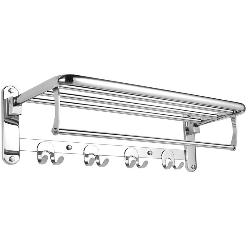 HOONEX Foldable Towel Rack for Bathroom Wall Mounted, 24 Inch Towel Shelf with Towel Hooks and Adjustable Towel Bar, 304 Stainless Towel Holder, Polished Silver - Image 1