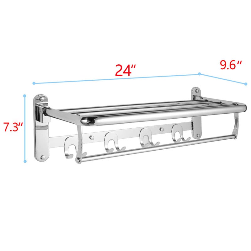 HOONEX Foldable Towel Rack for Bathroom Wall Mounted, 24 Inch Towel Shelf with Towel Hooks and Adjustable Towel Bar, 304 Stainless Towel Holder, Polished Silver - Image 4