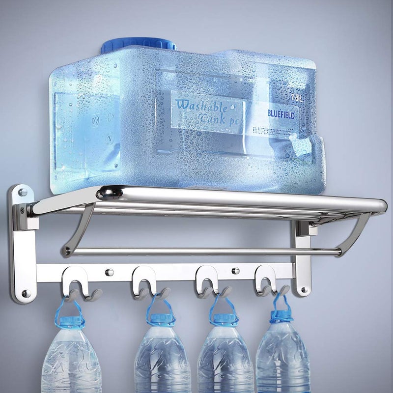 HOONEX Foldable Towel Rack for Bathroom Wall Mounted, 24 Inch Towel Shelf with Towel Hooks and Adjustable Towel Bar, 304 Stainless Towel Holder, Polished Silver - Image 2