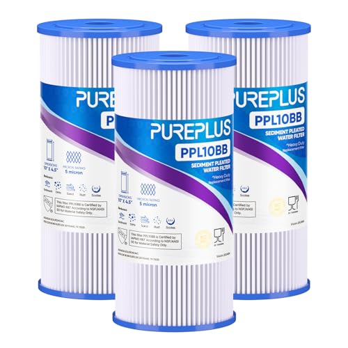 Pure Plus PUREPLUS 5 Micron 10" x 4.5" Whole House Pleated Sediment Filter for Well Water, Replacement Cartridge for GE FXHSC, Culligan R50-BBSA, Pentek R50-BB, DuPont WFHDC3001, W50PEHD, GXWH40L, 3Pack - Image 1