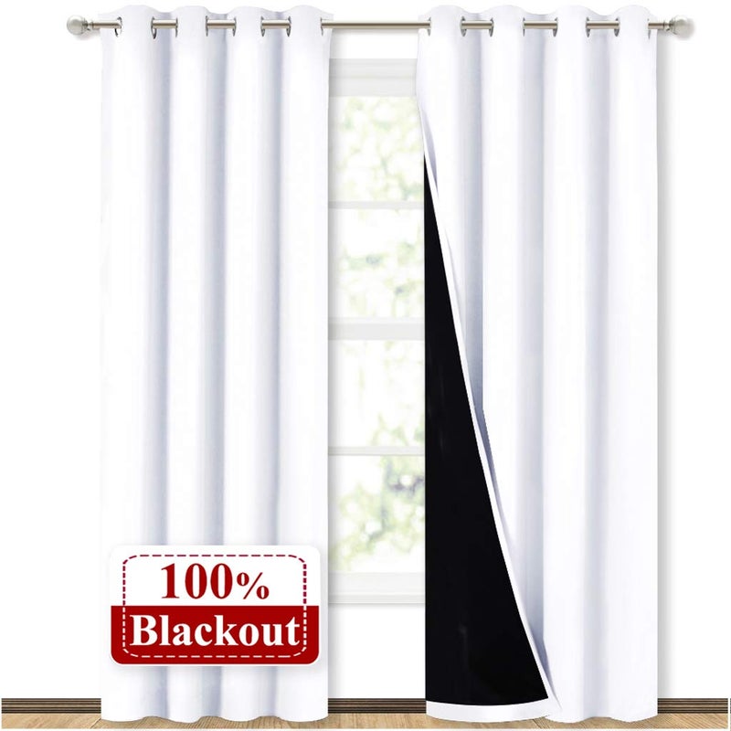 NICETOWN 100 Blackout Window Curtain Panels Cold and Full Light Blocking Drapes with Black Liner for Nursery 84 inches Drop Thermal Insulated Draperies White 2 Pieces 52 Wide Each Panel