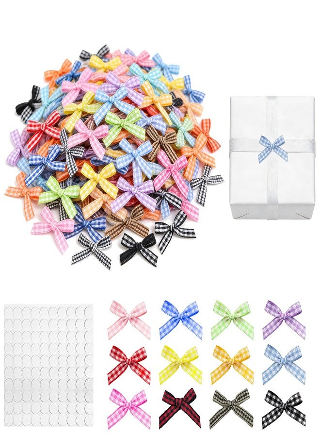 CNYMANY 100pcs Mini Gingham Ribbon Bows, CNYMANY 1.5 inch Premade Checkered Satin Bows for Gift Wrapping Sewing DIY Craft Scrapbook, Wedding Birthday Party Cake Balloon Decor - Multicolor - Image 1