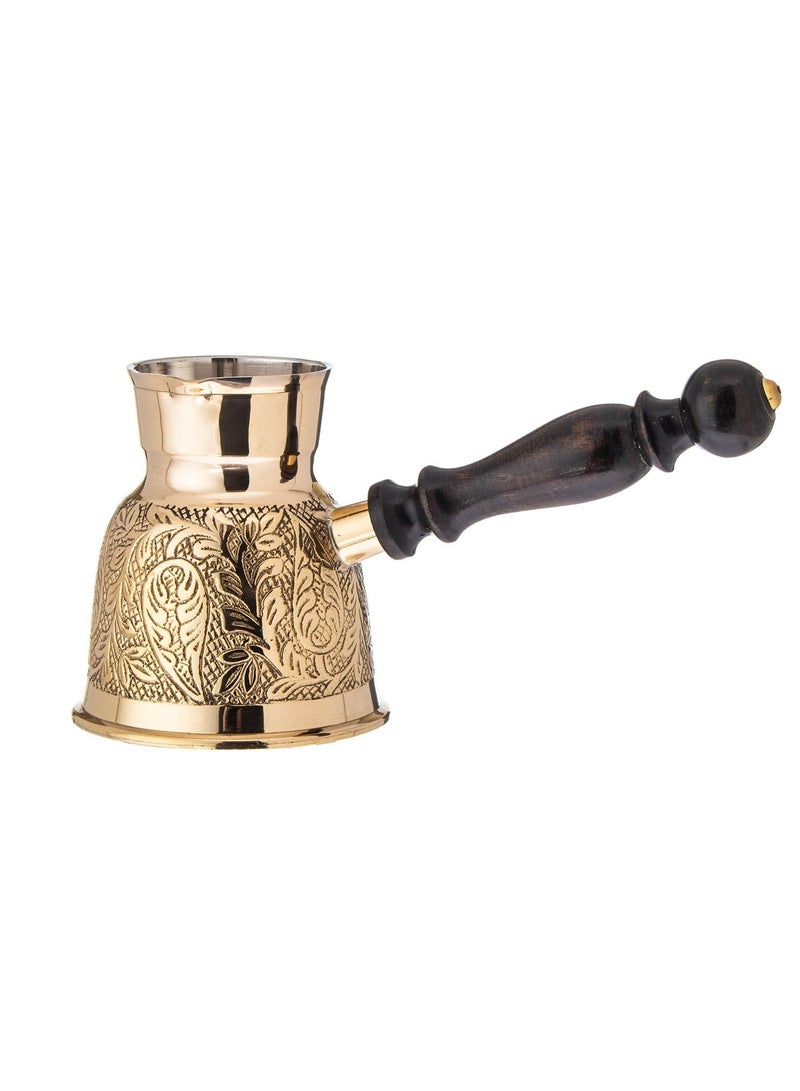 Dania ☕ Premium Golden Turkish Coffee Pot 🇮🇳 – 300 ml Capacity, Single Cup 🥄 Height 10 cm ✨ Hand-Engraved Design with Elegant Wooden Handle 🌿 - Image 2