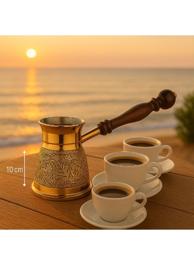 Dania ☕ Premium Golden Turkish Coffee Pot 🇮🇳 – 300 ml Capacity, Single Cup 🥄 Height 10 cm ✨ Hand-Engraved Design with Elegant Wooden Handle 🌿 - Image 1