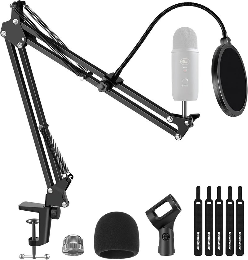 InnoGear Mic Stand for Blue Yeti, Heavy Duty Microphone Stand with Microphone Windscreen and Dual Layered Mic Pop Filter Suspension Boom Scissor Arm Stands for Blue Spark and Other Mics, Medium - Image 1