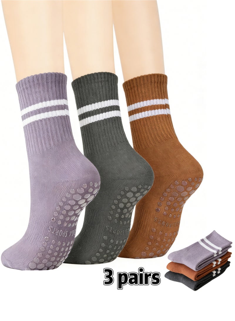 JoyousSto 3 Pairs Yoga Socks For Women，Non Slip Socks Pilates Socks For Yoga,Pilates， Ballet, Dance, Workout（purple/grey/brown） - Image 1