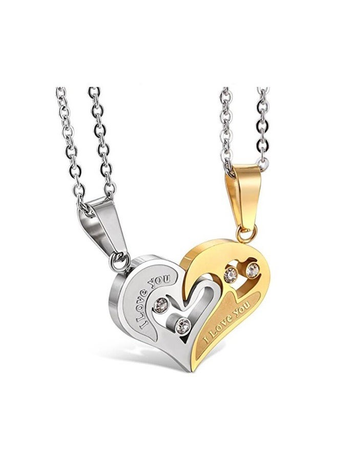 yongsheng Pack Of 2 Studded Halves Heart Pendant Necklace Set，Couple Heart Best Friend for Girls Puzzle Friendship Pendant Necklaces,Stainless Steel  - Image 1