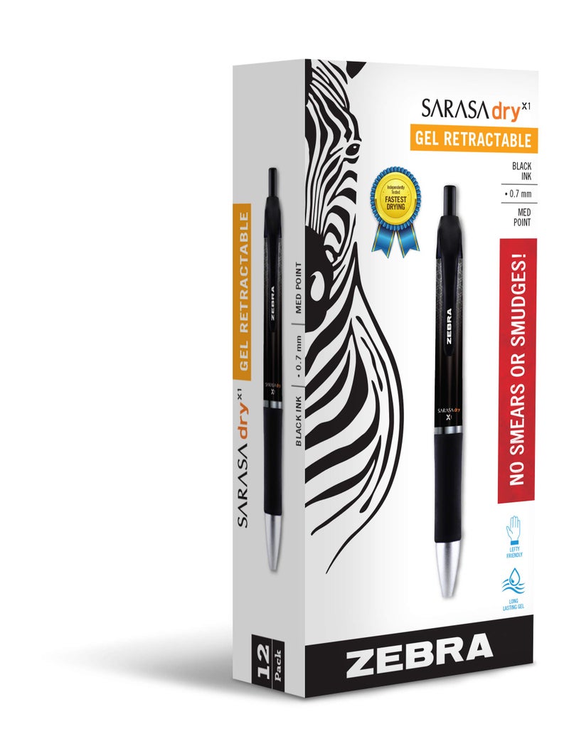 Zebra Pen Sarasa Dry X1 Retractable Gel Pen, Medium Point, 0.7mm, Black Ink, 12-Pack - Image 5