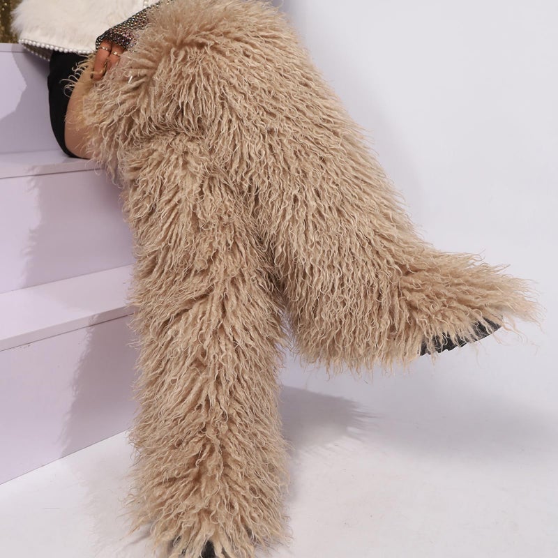 YFJNV Black Thigh High Fur Boots, Over the Knee Fluffy High Boots, Tall Furry shoes for Women (Light Khaki,10) - Image 1