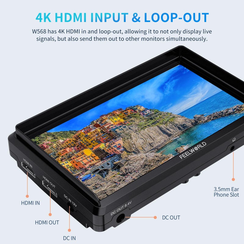 FEELWORLD FW568 شاشة ميدانية لكاميرا DSLR بحجم 5.5 بوصة مع Waveform LUTs ومساعد التركيز بالفيديو 1920x1152 IPS 4K HDMI ملحقات فيديو احترافية - Image 4
