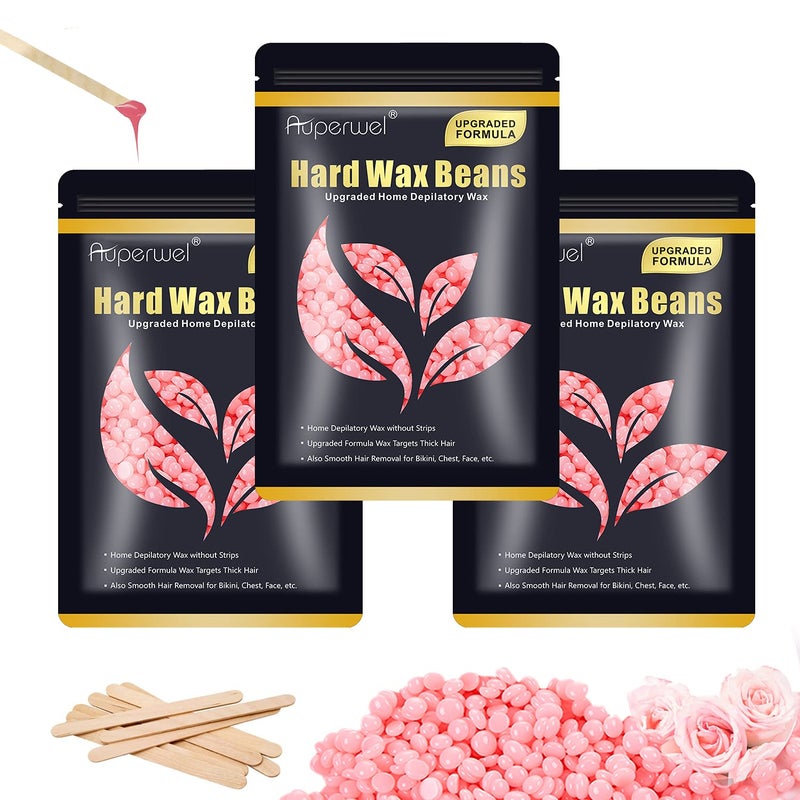 Painless Hard Wax Beans for Hair Removal 105oz Upgraded Formula for Face Eyebrow Brazilian Bikini with 10 Applicators 3 Rose